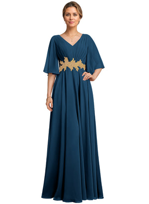 A-line V-Neck Floor-Length Chiffon Lace Mother of the Bride Dress With Sequins Beading