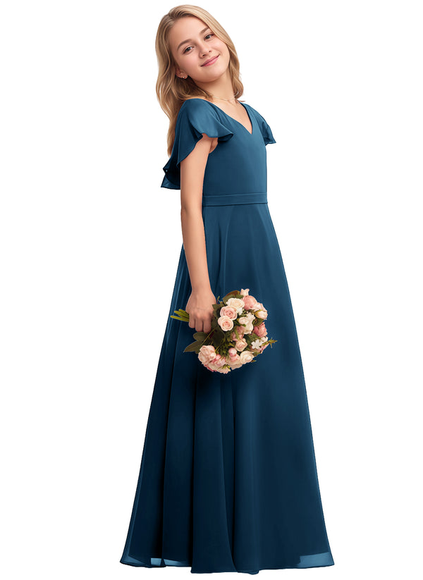 A-line V-Neck Floor-Length Chiffon Junior Bridesmaid Dress
