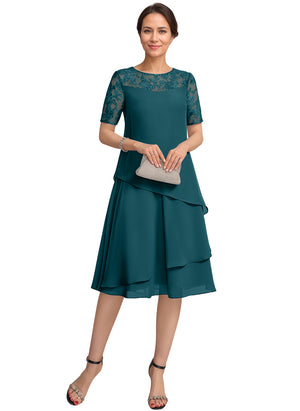 A-line Scoop Illusion Knee-Length Lace Chiffon Mother of the Bride Dress With Sequins