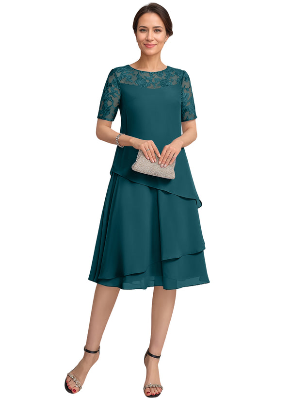 A-line Scoop Illusion Knee-Length Lace Chiffon Mother of the Bride Dress With Sequins