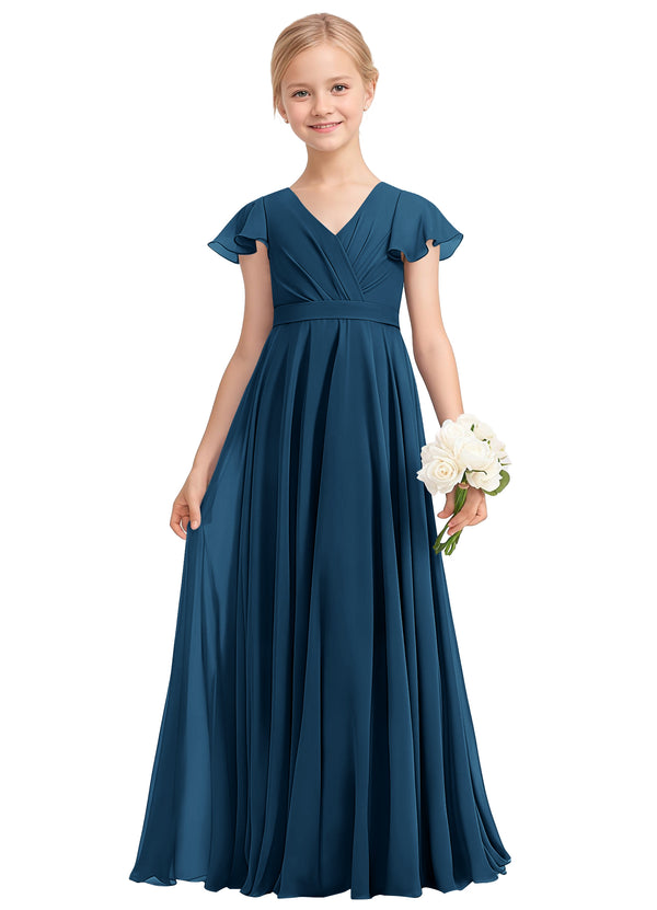 A-line V-Neck Floor-Length Chiffon Junior Bridesmaid Dress