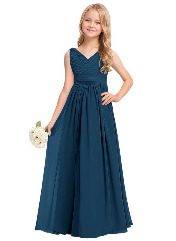 A-line V-Neck Floor-Length Chiffon Junior Bridesmaid Dress