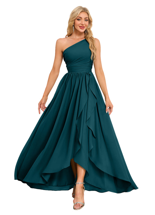 A-line One Shoulder Floor-Length Chiffon Bridesmaid Dress With Ruffle