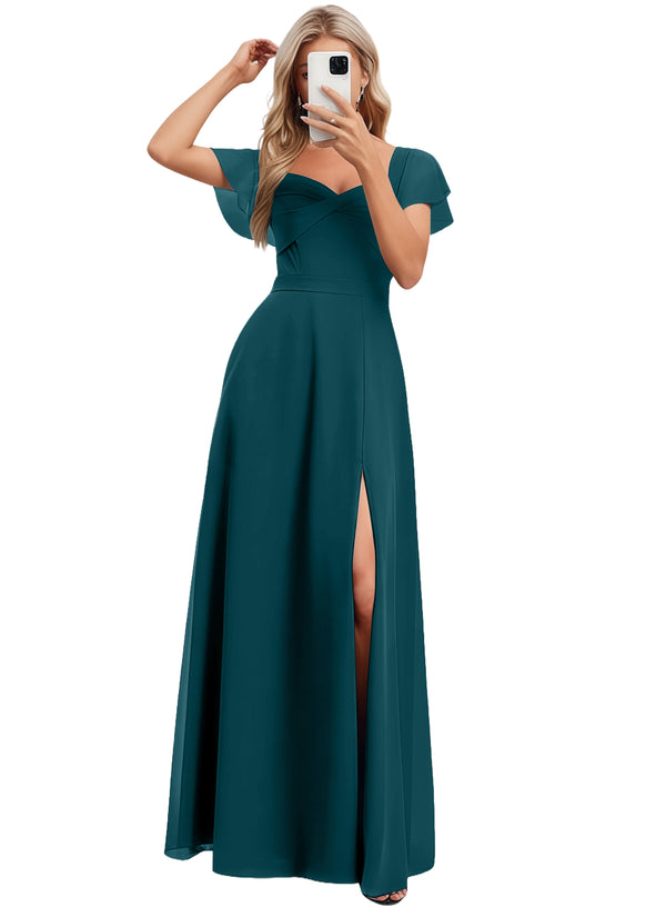 A-line V-Neck Floor-Length Chiffon Bridesmaid Dress With Ruffle