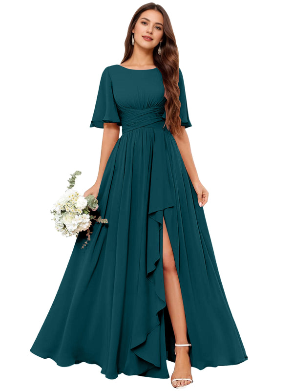 A-line Scoop Floor-Length Chiffon Bridesmaid Dress With Slit