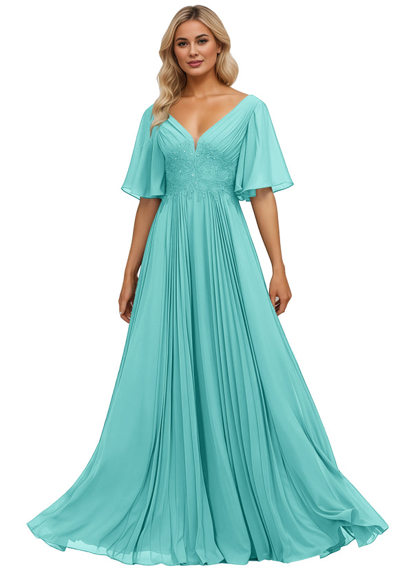 A-line V-Neck Floor-Length Chiffon Mother of the Bride Dress With Sequins Appliques Lace Pleated