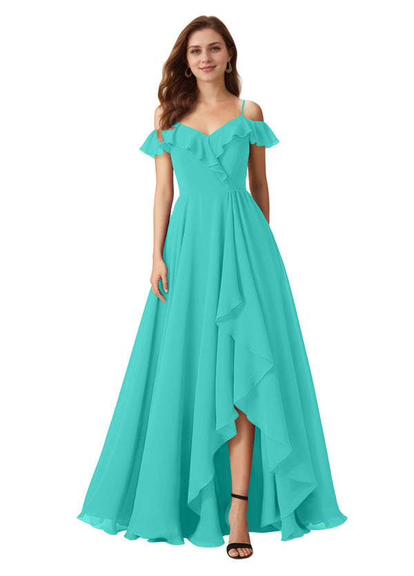 A-line Cold Shoulder Floor-Length Chiffon Bridesmaid Dress With Ruffle