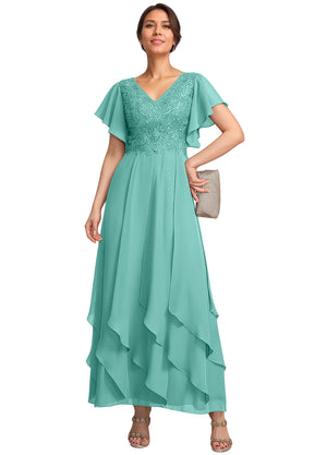 A-line V-Neck Ankle-Length Lace Chiffon Mother of the Bride Dress With Cascading Ruffles