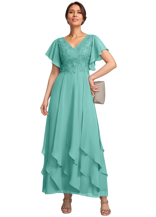 A-line V-Neck Ankle-Length Lace Chiffon Mother of the Bride Dress With Cascading Ruffles