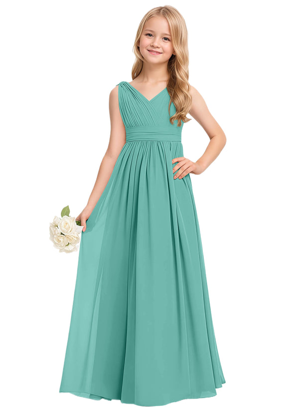 A-line V-Neck Floor-Length Chiffon Junior Bridesmaid Dress