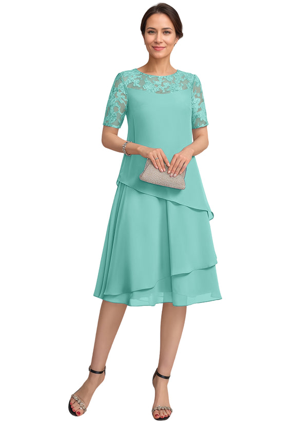 A-line Scoop Illusion Knee-Length Lace Chiffon Mother of the Bride Dress With Sequins