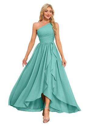 A-line One Shoulder Floor-Length Chiffon Bridesmaid Dress With Ruffle