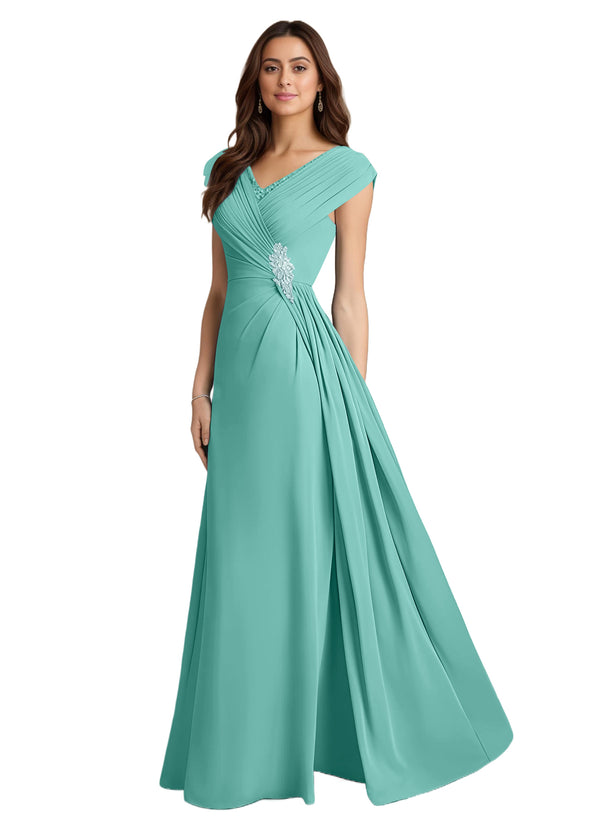 A-line V-Neck Floor-Length Chiffon Mother of the Bride Dress With Pleated Sequins