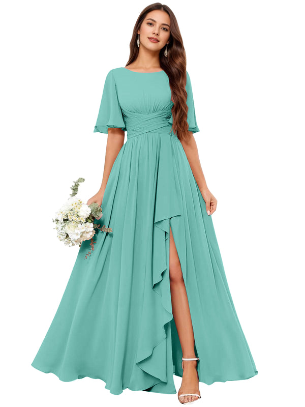 A-line Scoop Floor-Length Chiffon Bridesmaid Dress With Slit