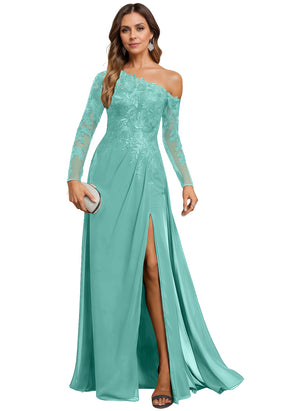 Trumpet/Mermaid Asymmetrical Illusion Floor-Length Lace Chiffon Evening Dress With Sequins