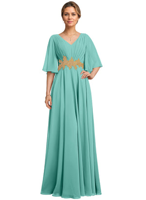 A-line V-Neck Floor-Length Chiffon Lace Mother of the Bride Dress With Sequins Beading