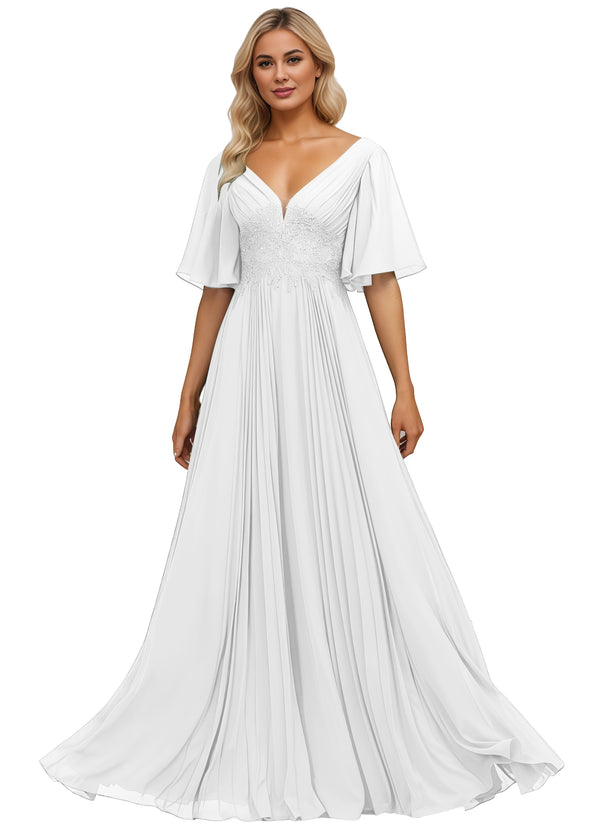 A-line V-Neck Floor-Length Chiffon Mother of the Bride Dress With Sequins Appliques Lace Pleated