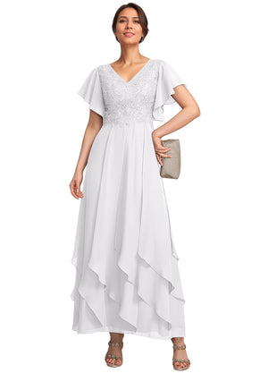 A-line V-Neck Ankle-Length Lace Chiffon Mother of the Bride Dress With Cascading Ruffles