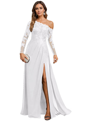 Trumpet/Mermaid Asymmetrical Illusion Floor-Length Lace Chiffon Evening Dress With Sequins