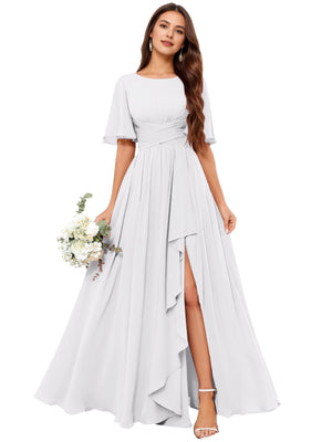 A-line Scoop Floor-Length Chiffon Bridesmaid Dress With Slit