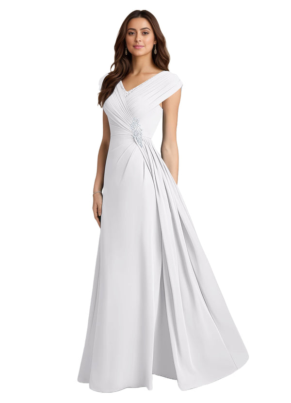 A-line V-Neck Floor-Length Chiffon Mother of the Bride Dress With Pleated Sequins