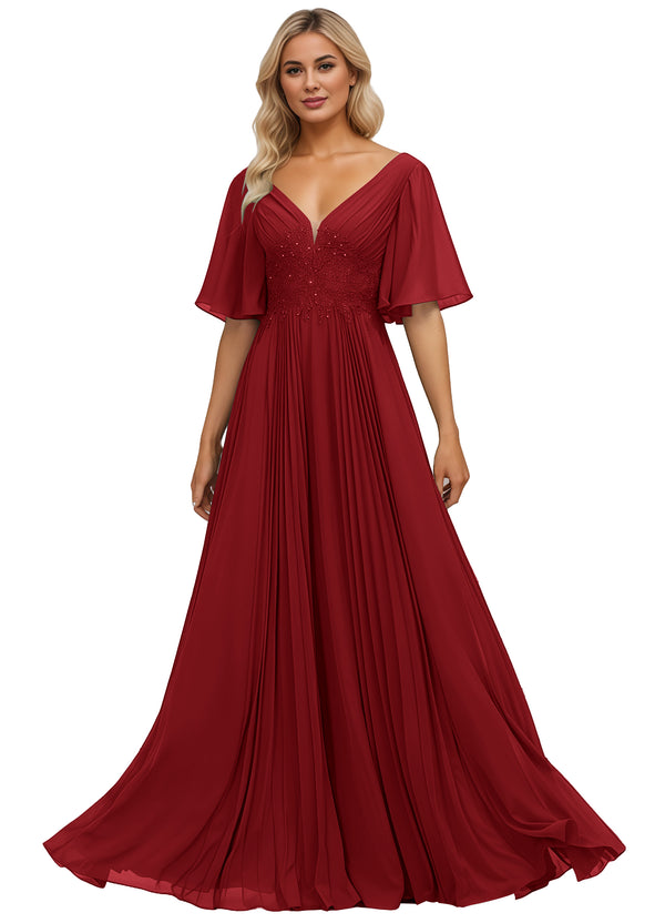 A-line V-Neck Floor-Length Chiffon Mother of the Bride Dress With Sequins Appliques Lace Pleated