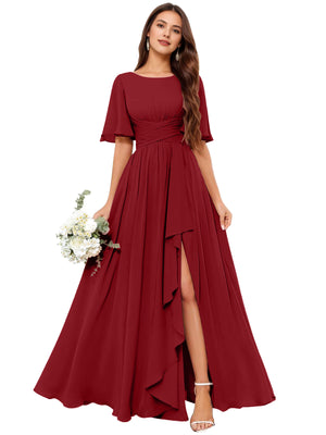 A-line Scoop Floor-Length Chiffon Bridesmaid Dress With Slit