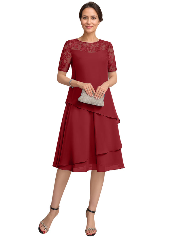 A-line Scoop Illusion Knee-Length Lace Chiffon Mother of the Bride Dress With Sequins