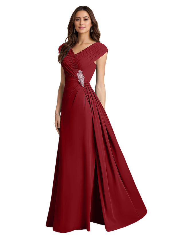 A-line V-Neck Floor-Length Chiffon Mother of the Bride Dress With Pleated Sequins
