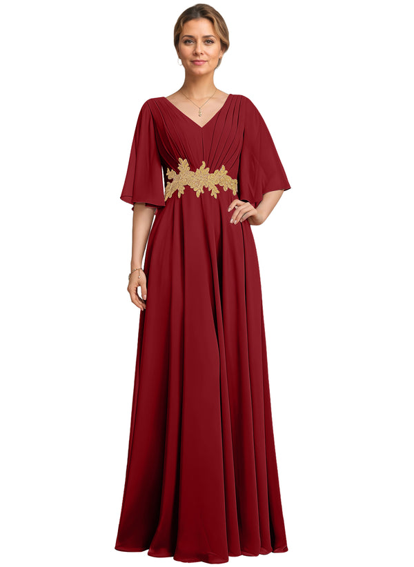 A-line V-Neck Floor-Length Chiffon Lace Mother of the Bride Dress With Sequins Beading