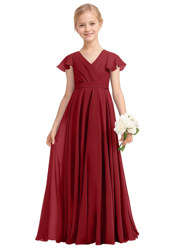 A-line V-Neck Floor-Length Chiffon Junior Bridesmaid Dress