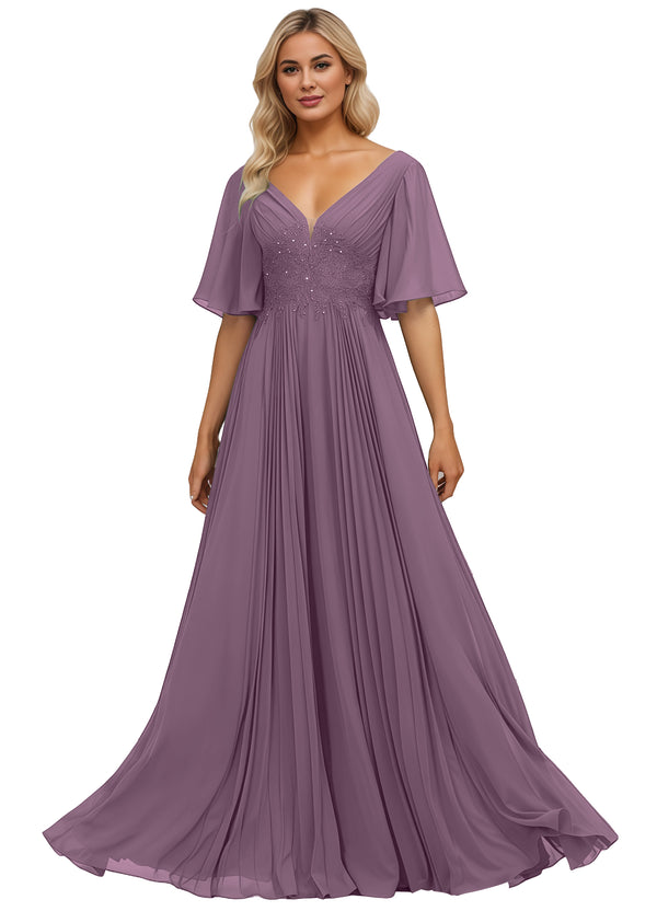 A-line V-Neck Floor-Length Chiffon Mother of the Bride Dress With Sequins Appliques Lace Pleated
