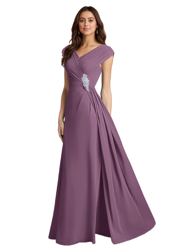 A-line V-Neck Floor-Length Chiffon Mother of the Bride Dress With Pleated Sequins