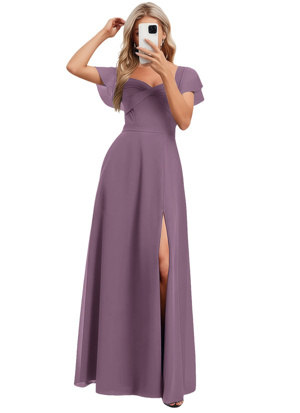 A-line V-Neck Floor-Length Chiffon Bridesmaid Dress With Ruffle