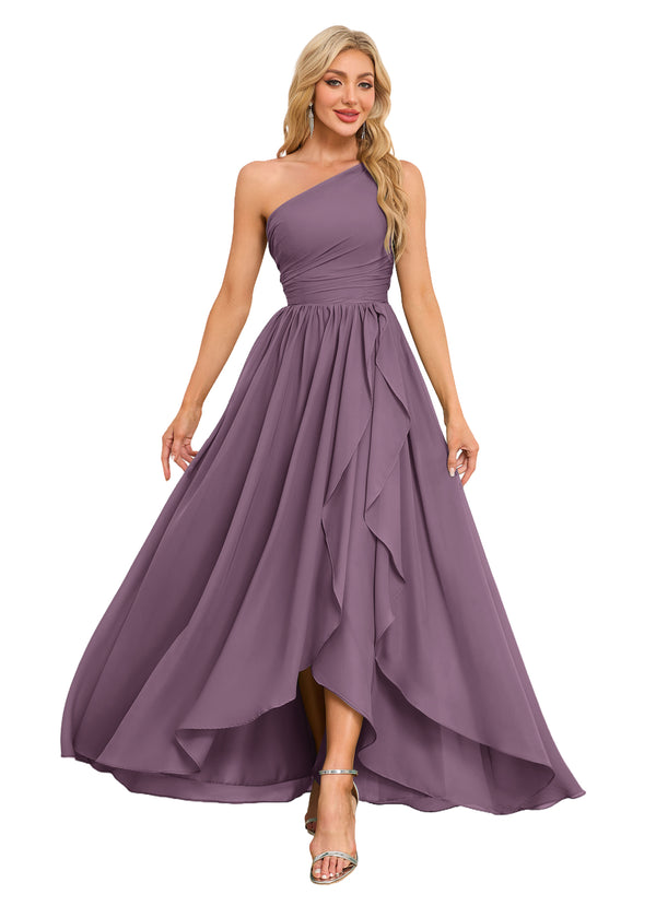A-line One Shoulder Floor-Length Chiffon Bridesmaid Dress With Ruffle