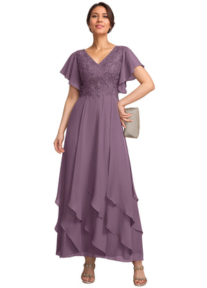 A-line V-Neck Ankle-Length Lace Chiffon Mother of the Bride Dress With Cascading Ruffles