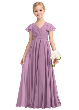 A-line V-Neck Floor-Length Chiffon Junior Bridesmaid Dress