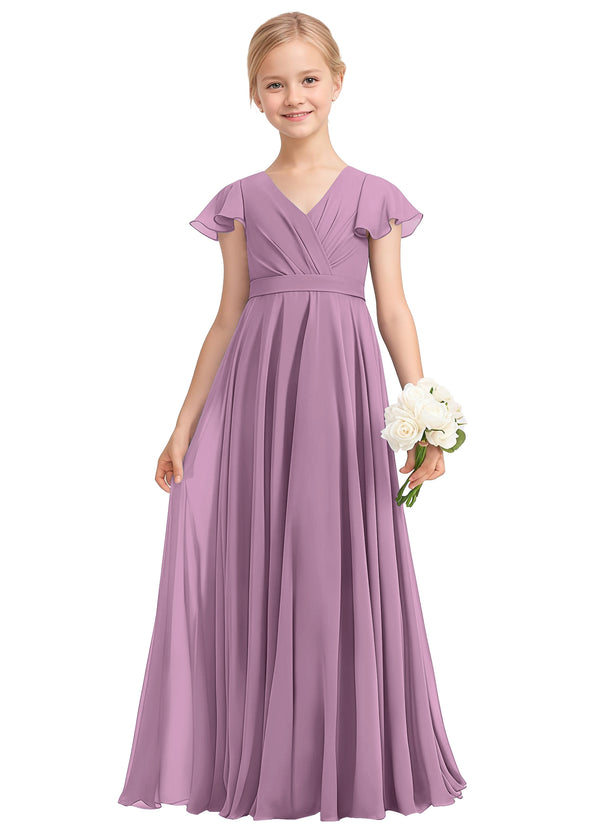 A-line V-Neck Floor-Length Chiffon Junior Bridesmaid Dress