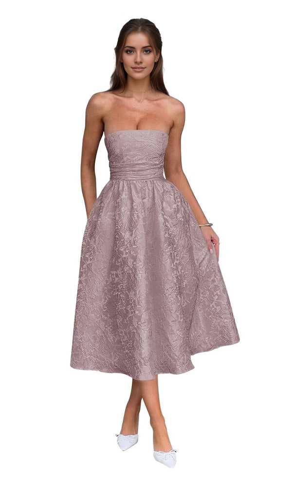 A-Line Strapless Tea-Length Jacquard Prom Dresses