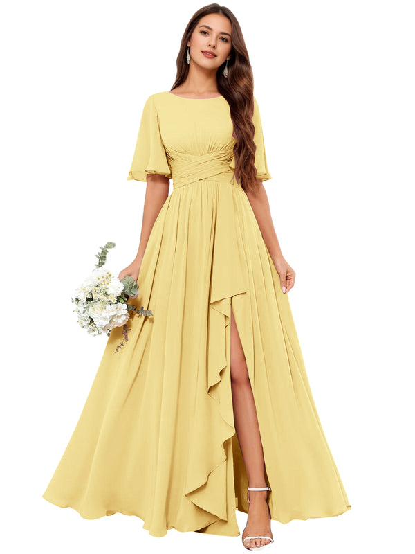 A-line Scoop Floor-Length Chiffon Bridesmaid Dress With Slit
