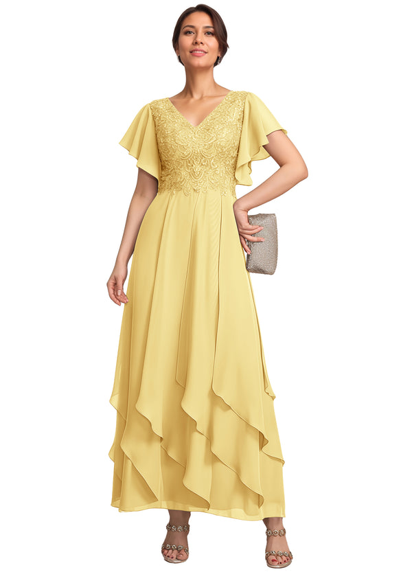 A-line V-Neck Ankle-Length Lace Chiffon Mother of the Bride Dress With Cascading Ruffles