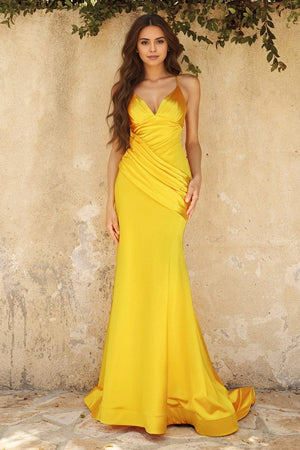 Trumpet/Mermaid V-Neck Floor-Length Stretch Satin Prom Dresses With Ruched