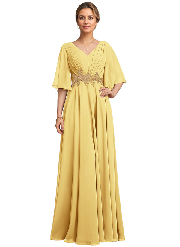 A-line V-Neck Floor-Length Chiffon Lace Mother of the Bride Dress With Sequins Beading