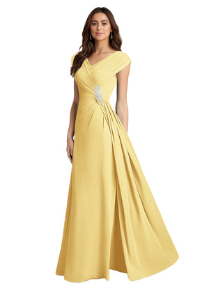 A-line V-Neck Floor-Length Chiffon Mother of the Bride Dress With Pleated Sequins