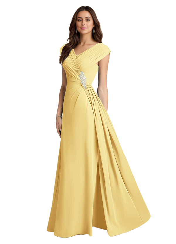 A-line V-Neck Floor-Length Chiffon Mother of the Bride Dress With Pleated Sequins