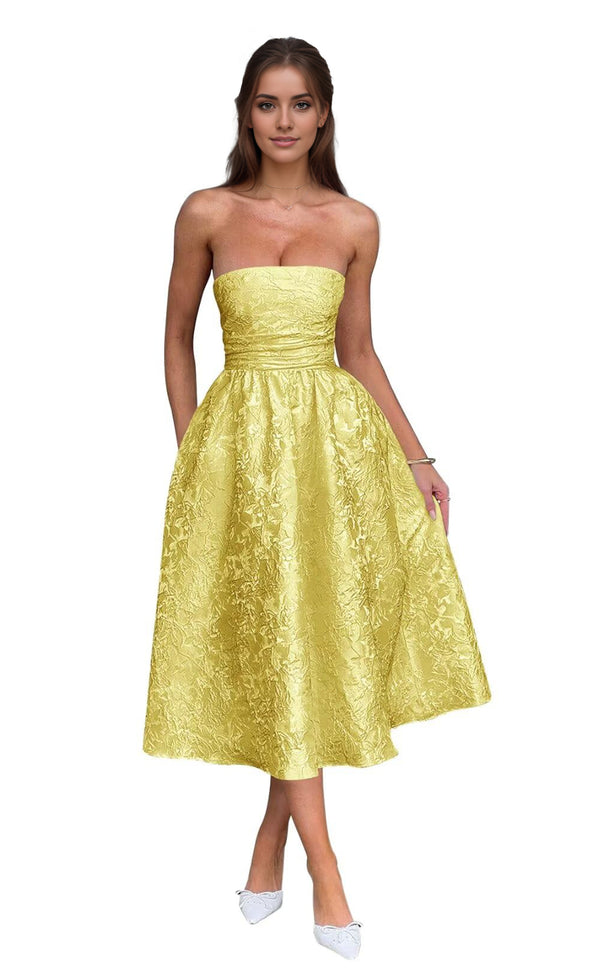 A-Line Strapless Tea-Length Jacquard Prom Dresses