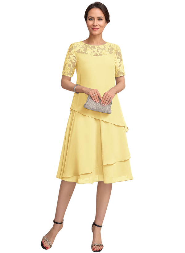 A-line Scoop Illusion Knee-Length Lace Chiffon Mother of the Bride Dress With Sequins