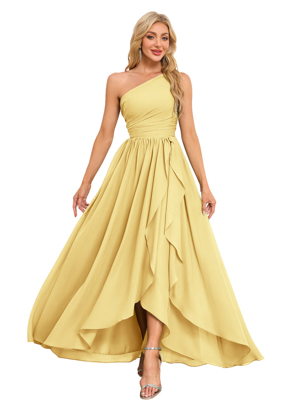 A-line One Shoulder Floor-Length Chiffon Bridesmaid Dress With Ruffle